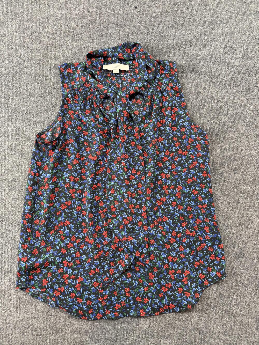 LOFT Blouse Womens XS Black Floral Bow Tie Neck Sleeveless Office Work Top